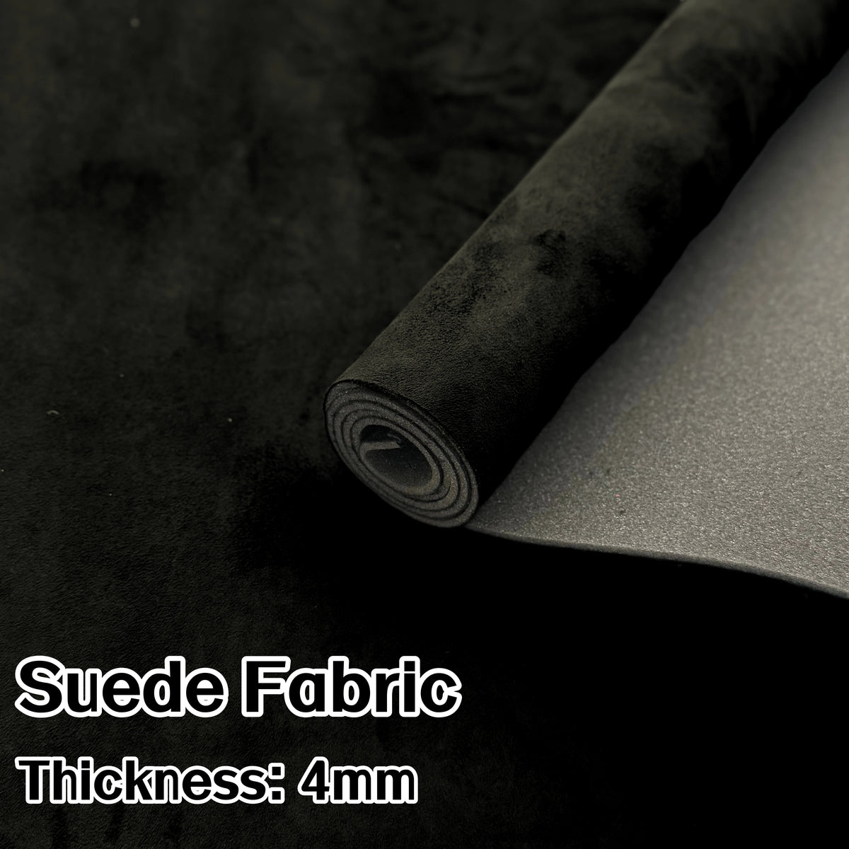 Roll of black suede fabric with a foam backing, showing the thickness of 4mm.