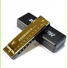A gold-colored harmonica with ten holes is shown next to its protective black case.
