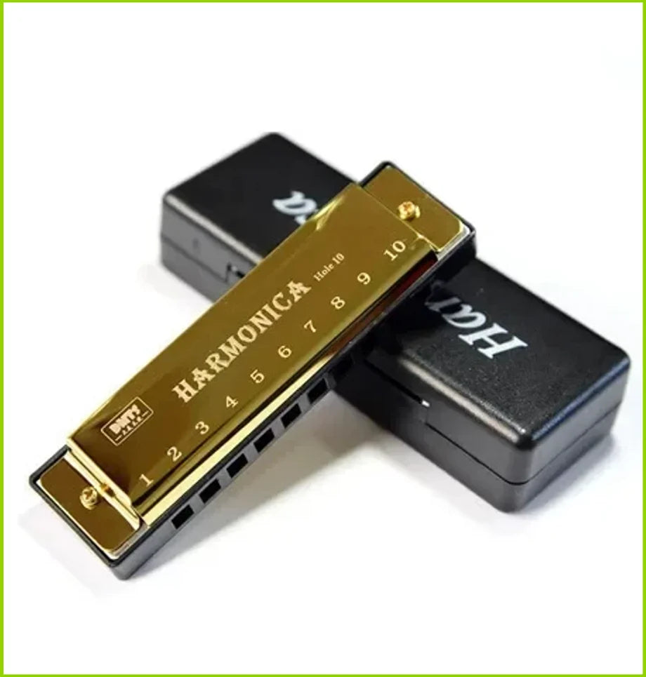 A gold-colored harmonica with ten holes is shown next to its protective black case.