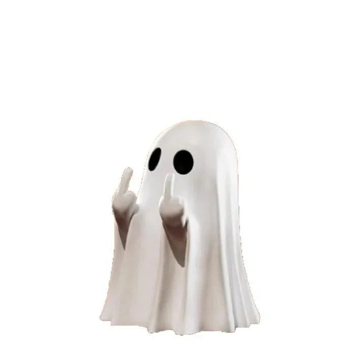 A white resin statue of a ghost with its finger raised, used as quirky Halloween decor.