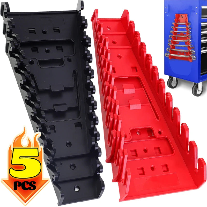 Black and red heavy-duty ABS wrench organizer trays with multi-slot storage racks shown in a product image.