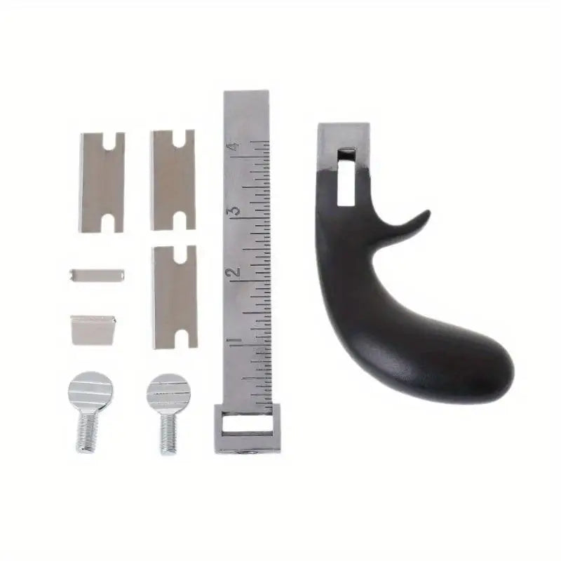 A set of adjustable leather strap cutters including a main blade, a spare blade, and a metal measuring ruler.