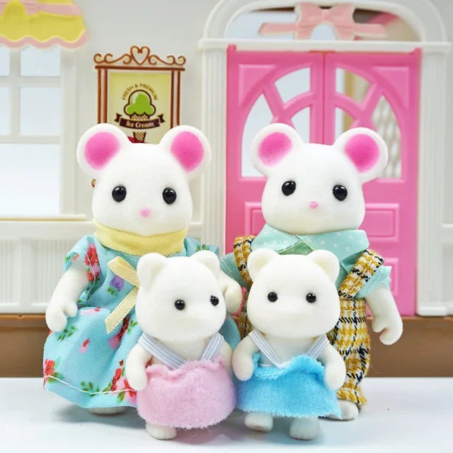 Three white fluffy animal dolls dressed in blue and pink outfits standing in front of a pink door.