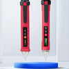 A red non-contact AC voltage detector pen with an LCD display is shown above a blue platform.