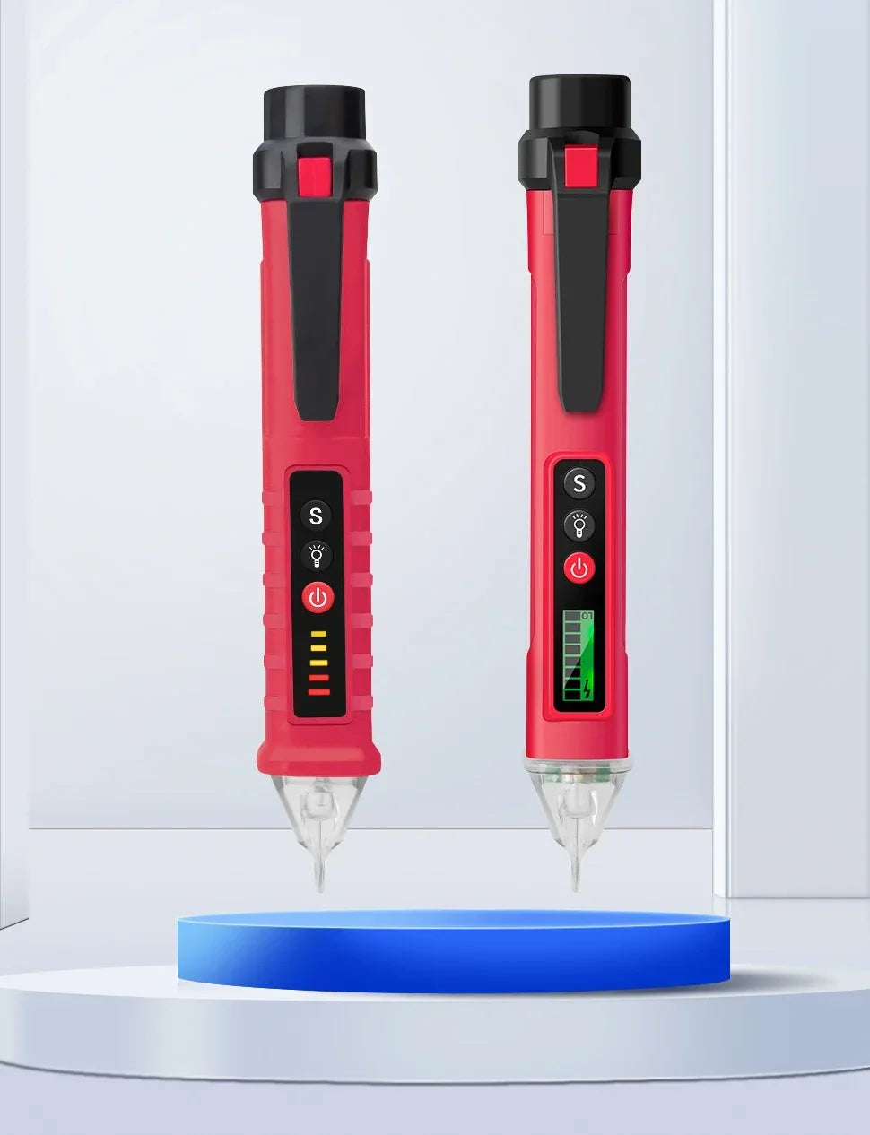 A red non-contact AC voltage detector pen with an LCD display is shown above a blue platform.