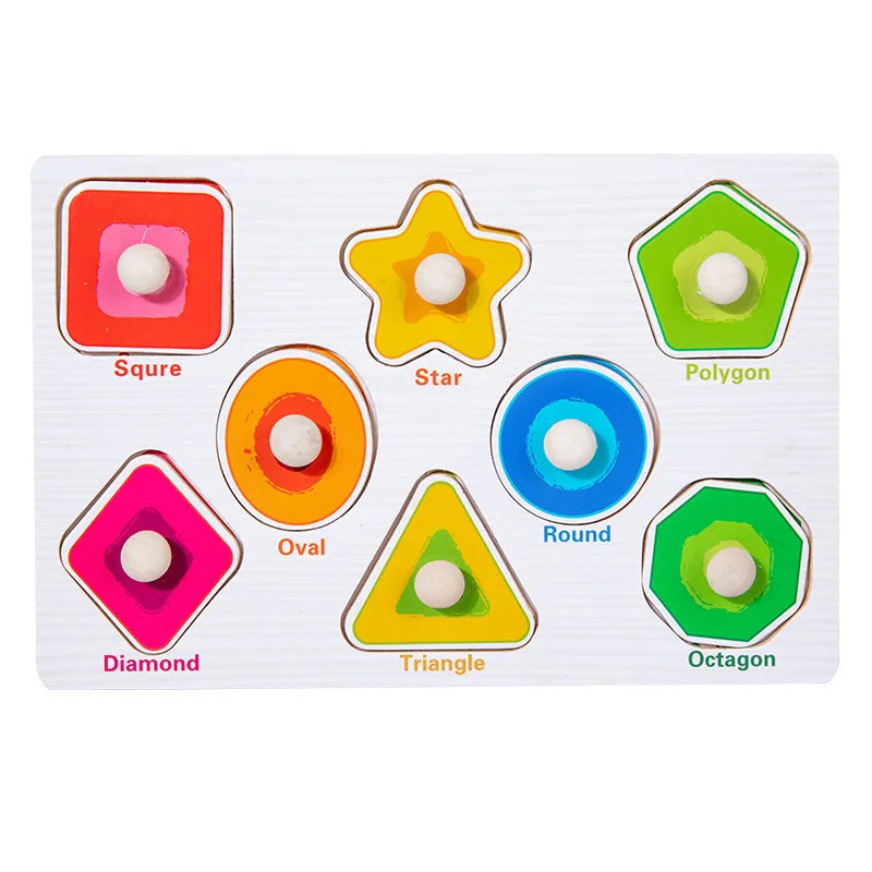A set of wooden geometric shape puzzles featuring various polygons like square, star, polygon, oval, diamond, triangle, and o