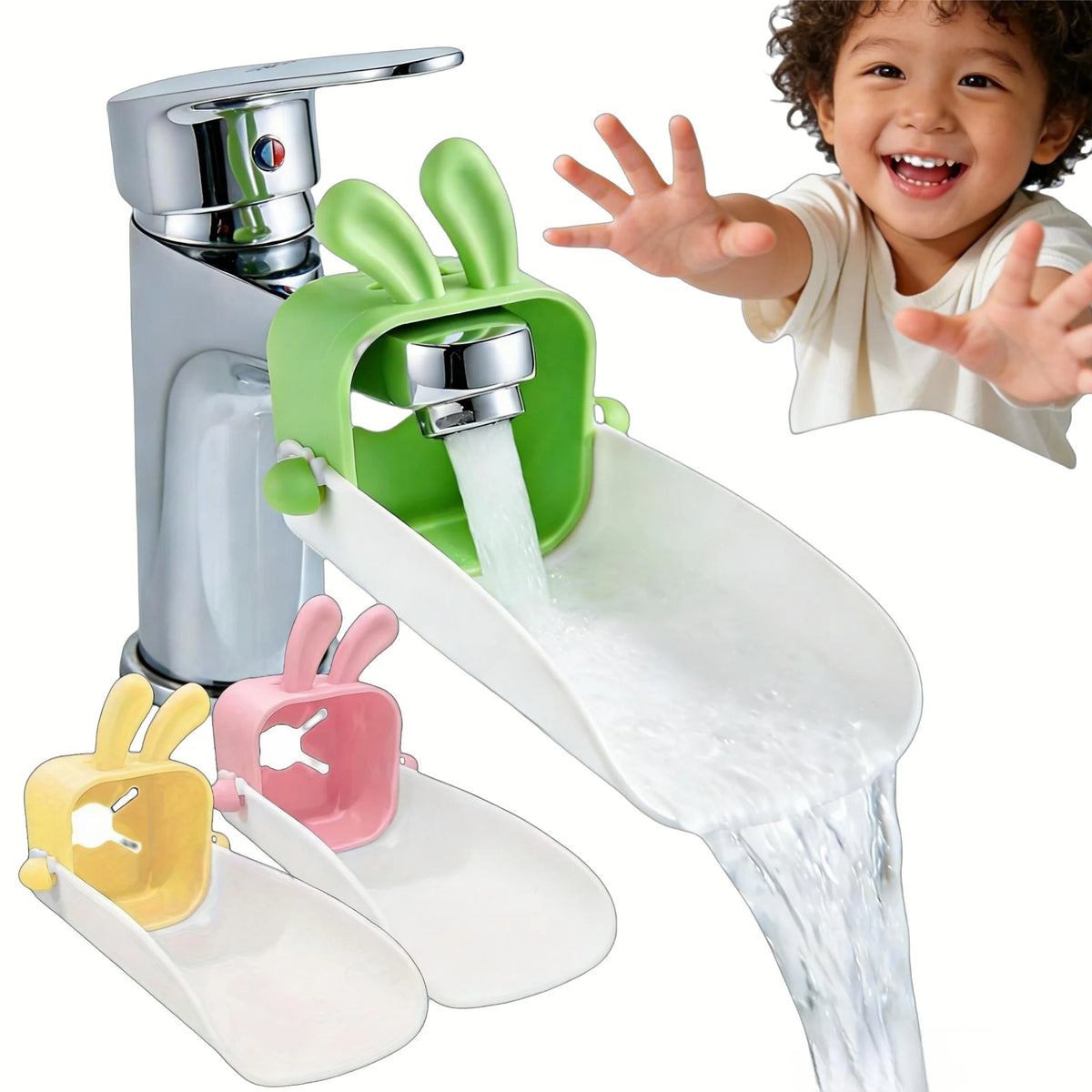 A silver faucet extender with various colored rabbit-themed nozzles for kids