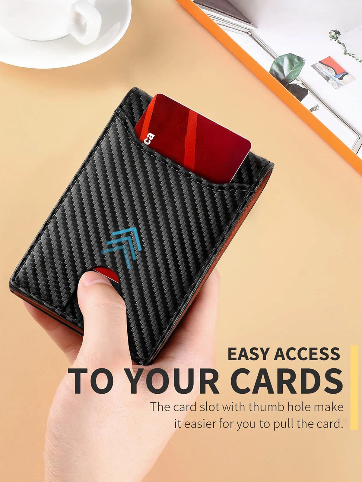 A black textured leather card holder with a thumb hole is shown being held, demonstrating easy access to cards.