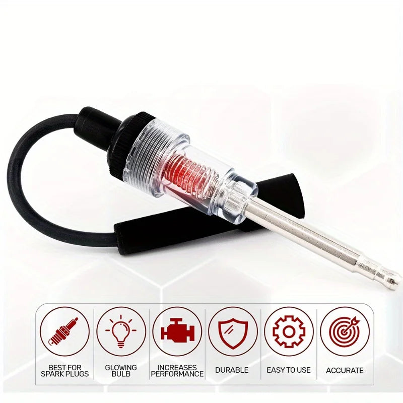 Automotive spark plug ignition tester with diagnostic gauge shown in a clear plastic and black housing