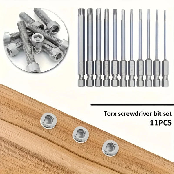 A set of 11 precision Torx screwdriver bits made of S2 alloy steel with T6-T40 tips shown next to a piece of wood.