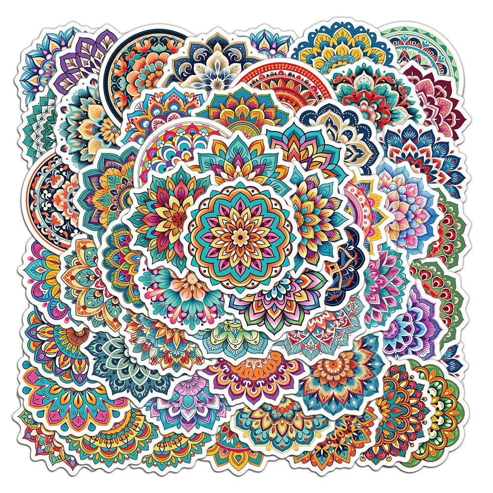 A colorful mandala and graffiti sticker pack featuring intricate patterns in various bright colors.