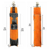 Orange heavy-duty cowhide welding rod storage bag with a hanging hook and measuring tape.