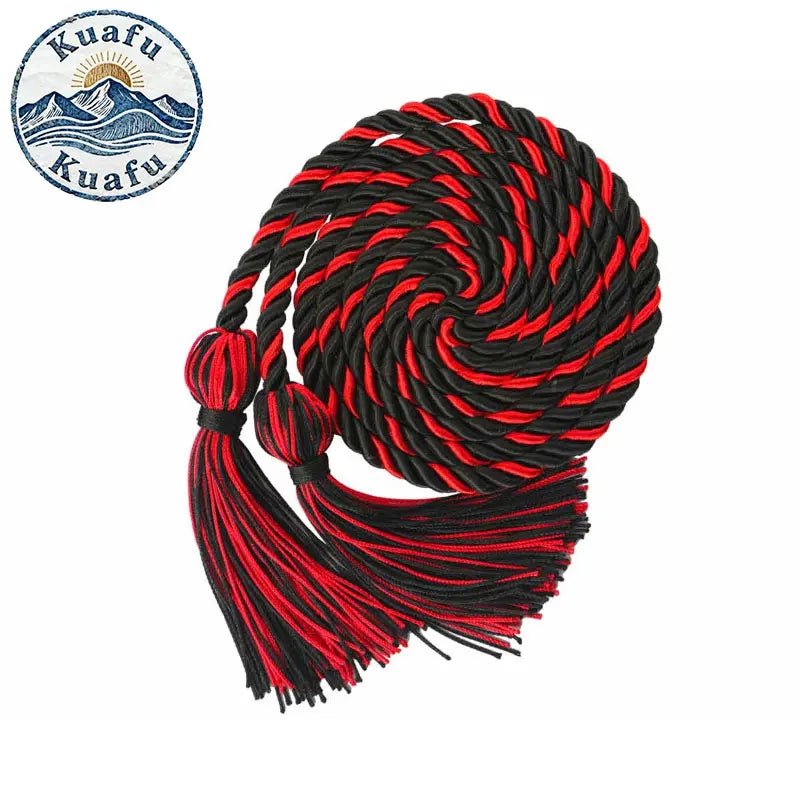 A spool of black and red honor cords with tassels, coiled into a decorative spiral.
