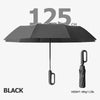 Black windproof reverse folding umbrella with a reflective stripe and carabiner handle