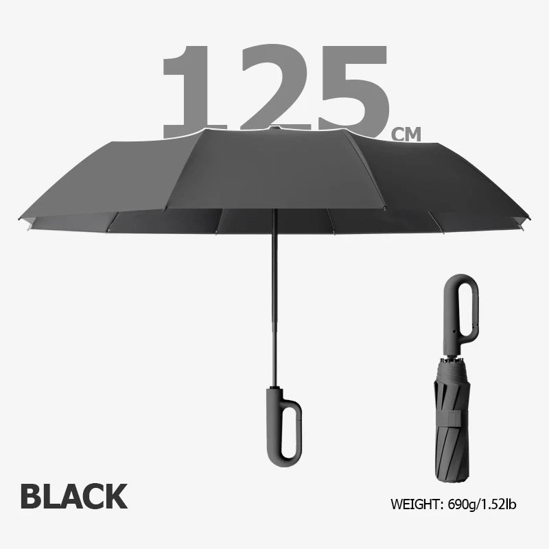 Black windproof reverse folding umbrella with a reflective stripe and carabiner handle