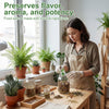 A woman in an apron prepares or displays 2-way humidity control packs for herbs, flowers, and storage.