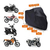 A black all-weather motorcycle cover with anti-theft locks shown alongside various motorcycles.