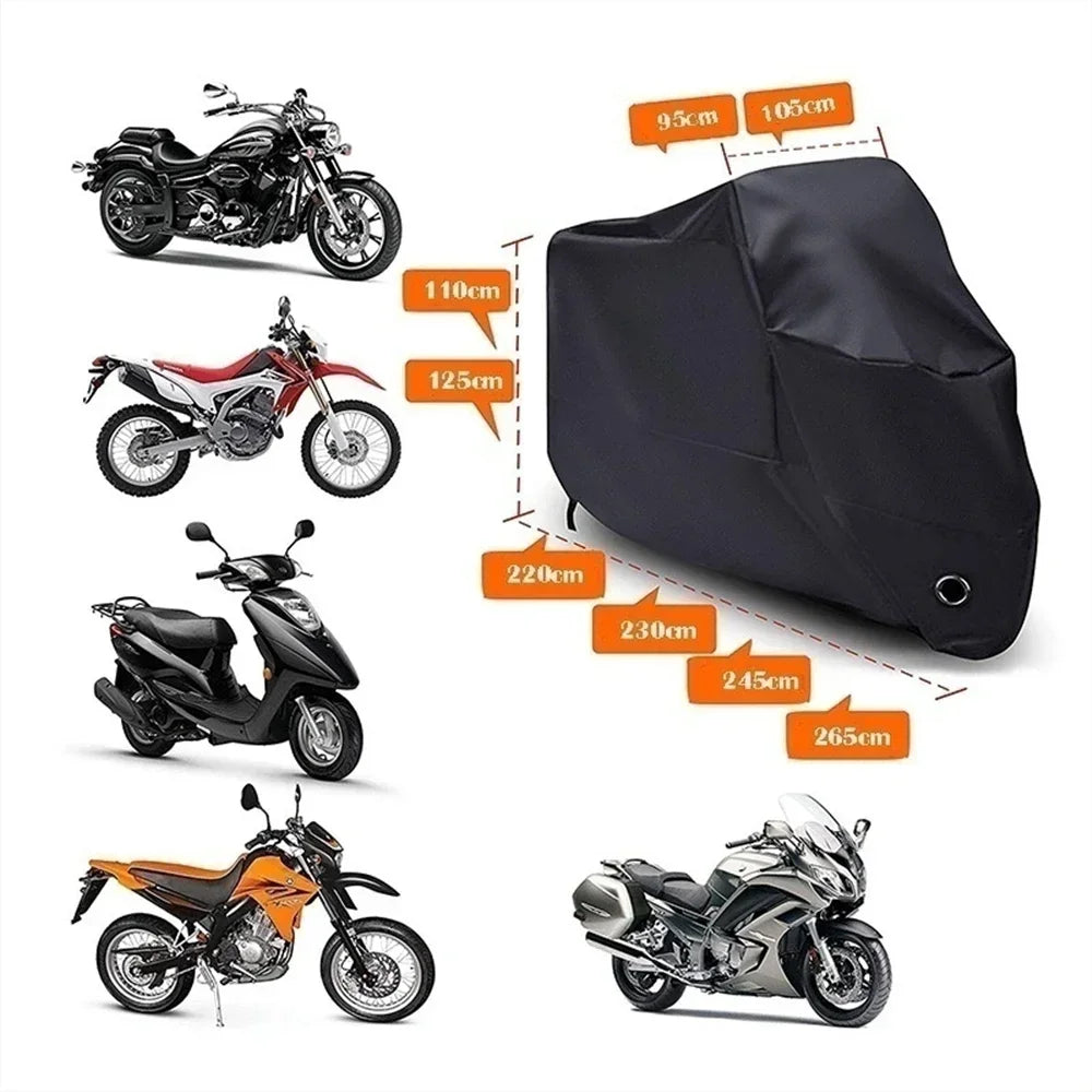 A black all-weather motorcycle cover with anti-theft locks shown alongside various motorcycles.