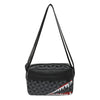 Black crossbody bag featuring a shark mouth graphic and adjustable strap.
