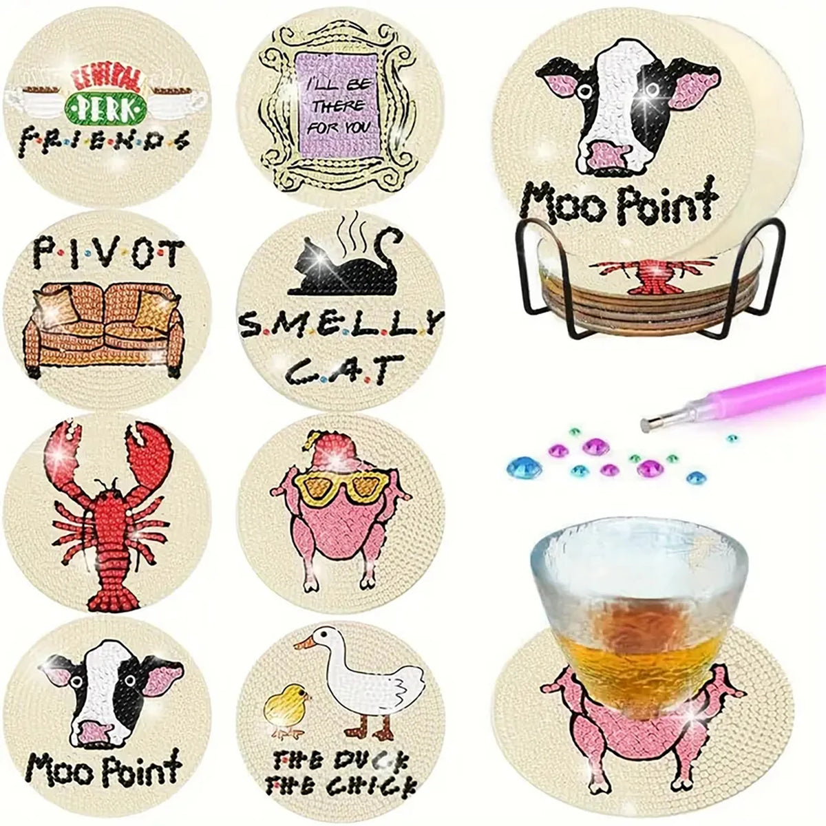 A set of DIY diamond painting coasters featuring various farm animals like a cow, cat, and duck.