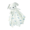 A white stuffed animal resembling a lamb with blue cloud patterns on its fabric.