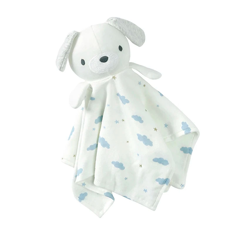 A white stuffed animal resembling a lamb with blue cloud patterns on its fabric.