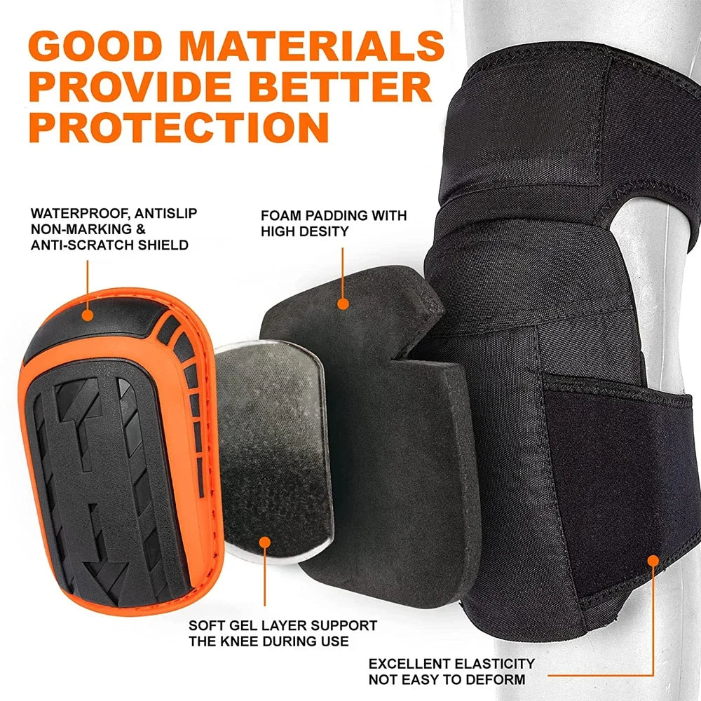 Black knee pads with orange accents showing various features like foam padding and gel support for protection