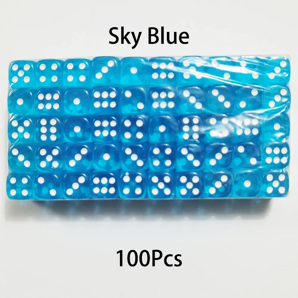 A row of 100 sky blue acrylic dice in a plastic case.