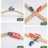 Wooden train track expansion pack showing various configurations including a cross shape and a straight track with different 