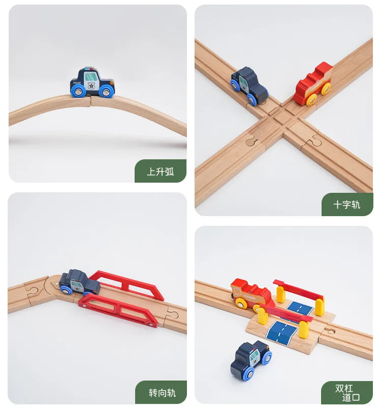 Wooden train track expansion pack showing various configurations including a cross shape and a straight track with different 