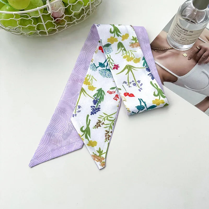 Floral Print Silk Hair Scarf for Women – Long Ribbon Headband