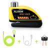 Yellow motorcycle disc brake lock with an alarm feature and included cables and keys