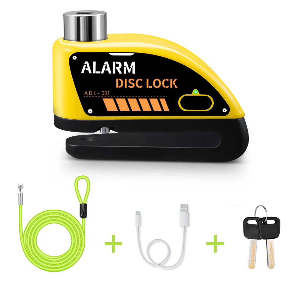 Yellow motorcycle disc brake lock with an alarm feature and included cables and keys