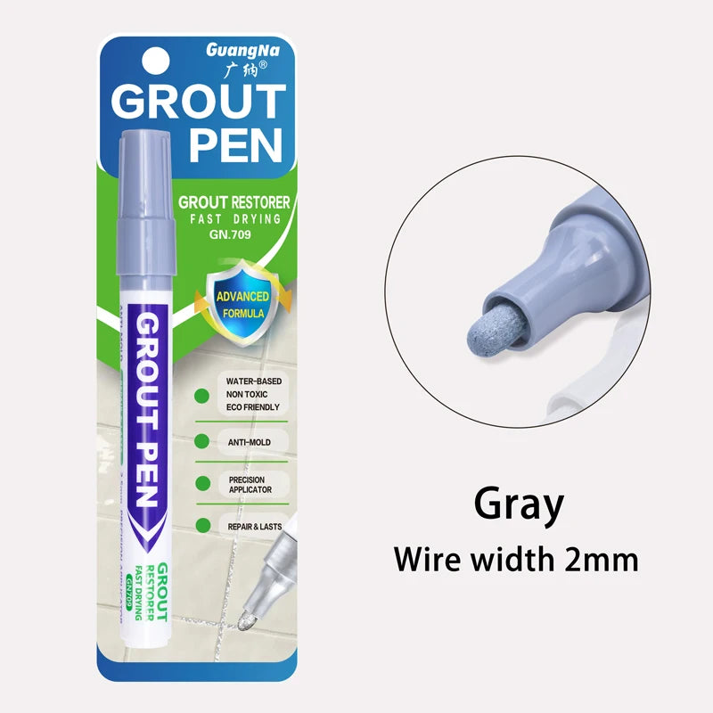 Gray grout pen with a plastic applicator tip shown in a circular view.