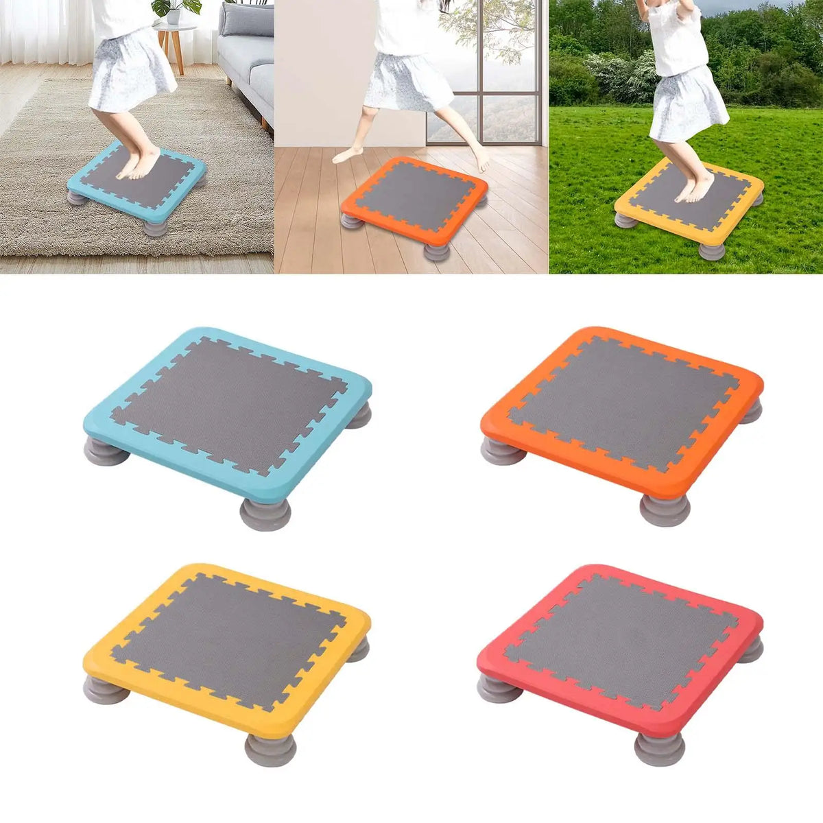 A set of colorful mini trampolines for kids featuring various colors like gray, orange, and yellow.