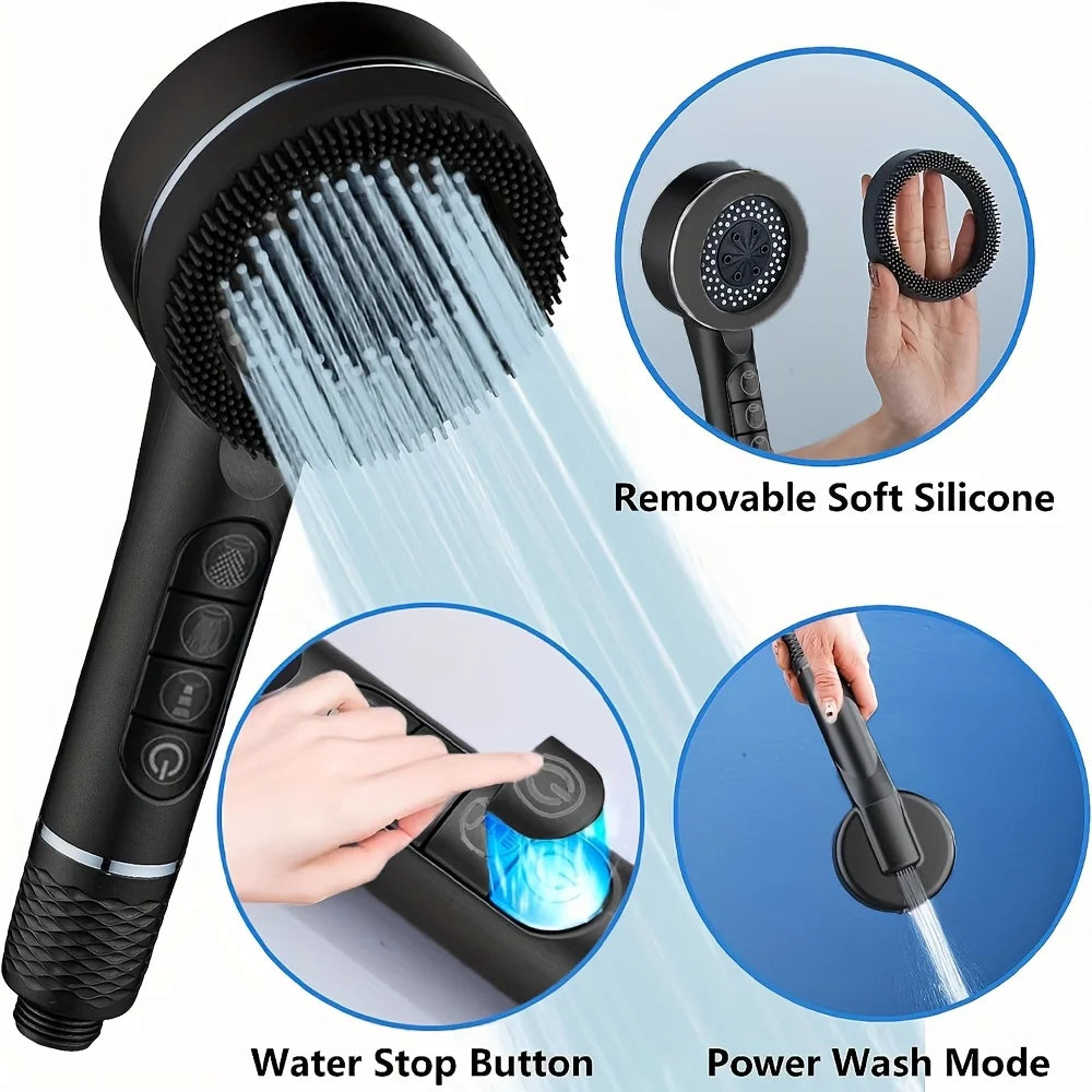 A black handheld shower head with removable silicone nozzles and a water stop button is shown in various modes.