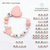 A pink baby pacifier clip featuring customizable name options like Noah, Olivia, Liam, James, Emily, Henry, Sophia, Benji, an