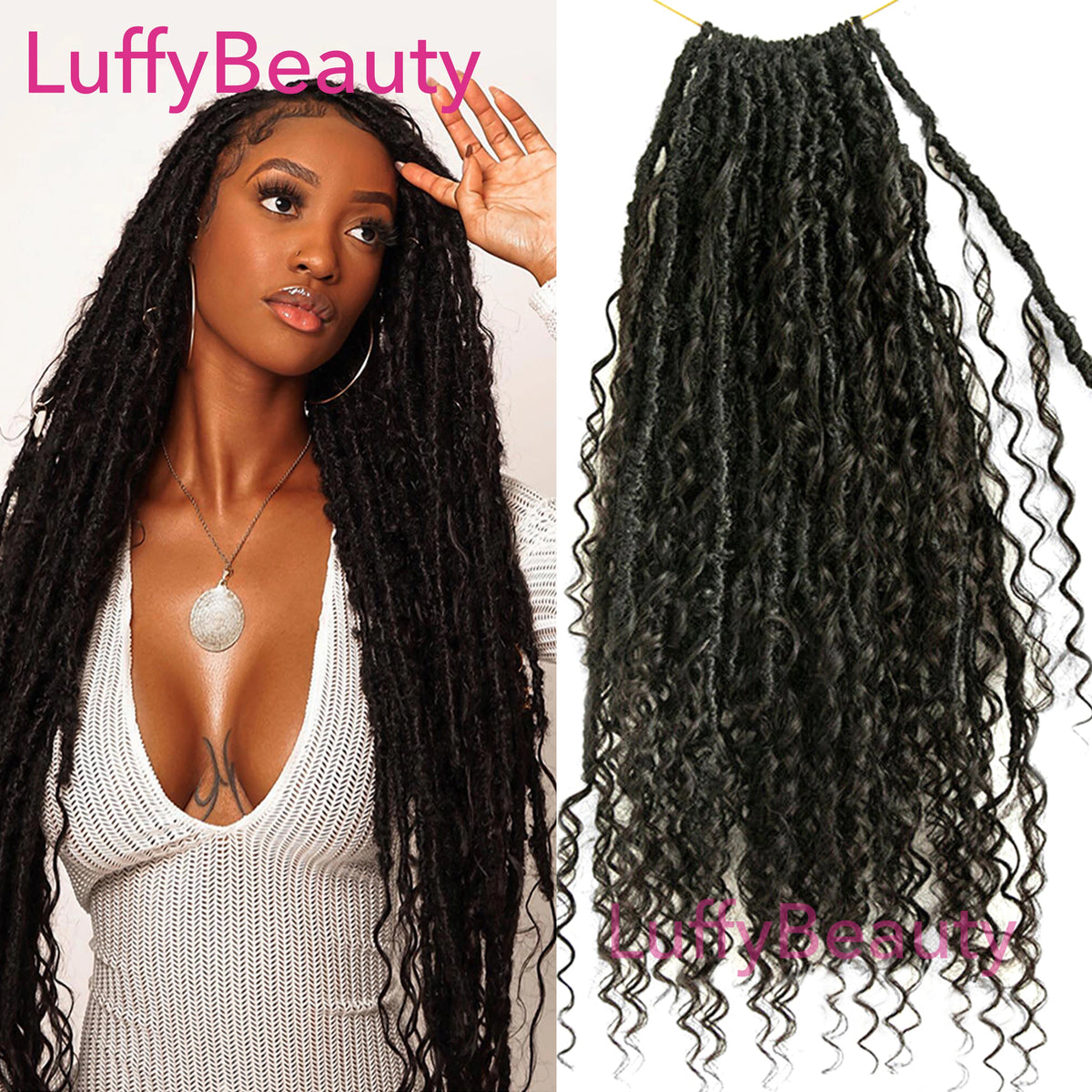 Long black pre-looped crochet boho locs with curly human hair extensions displayed on a model's hair