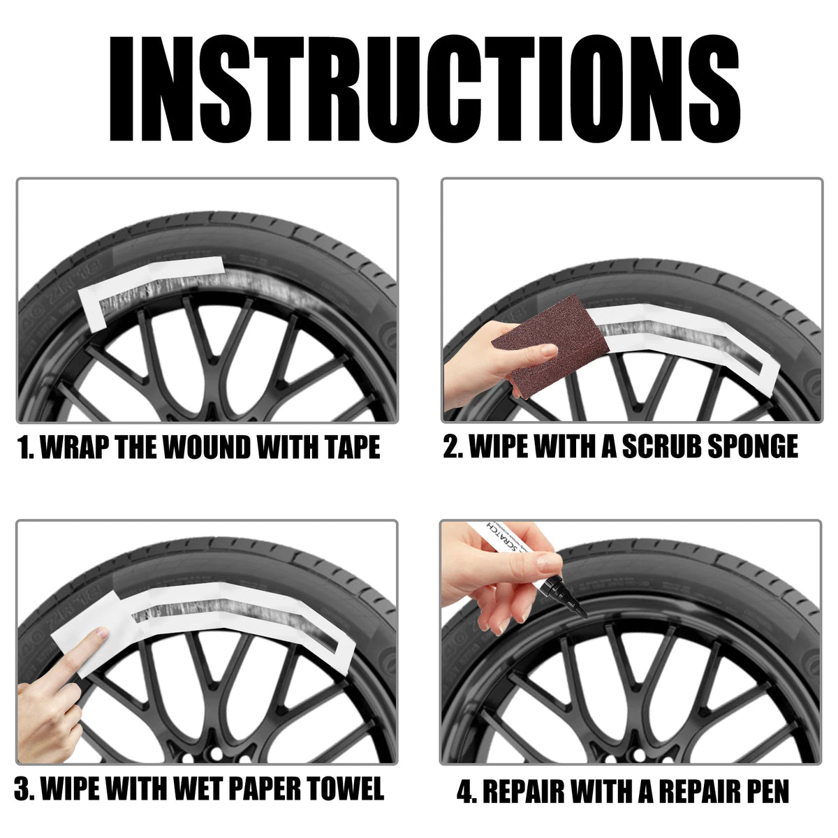 Instructions for repairing scratches on a black alloy wheel using tape, sponge, paper towel, and a repair pen.