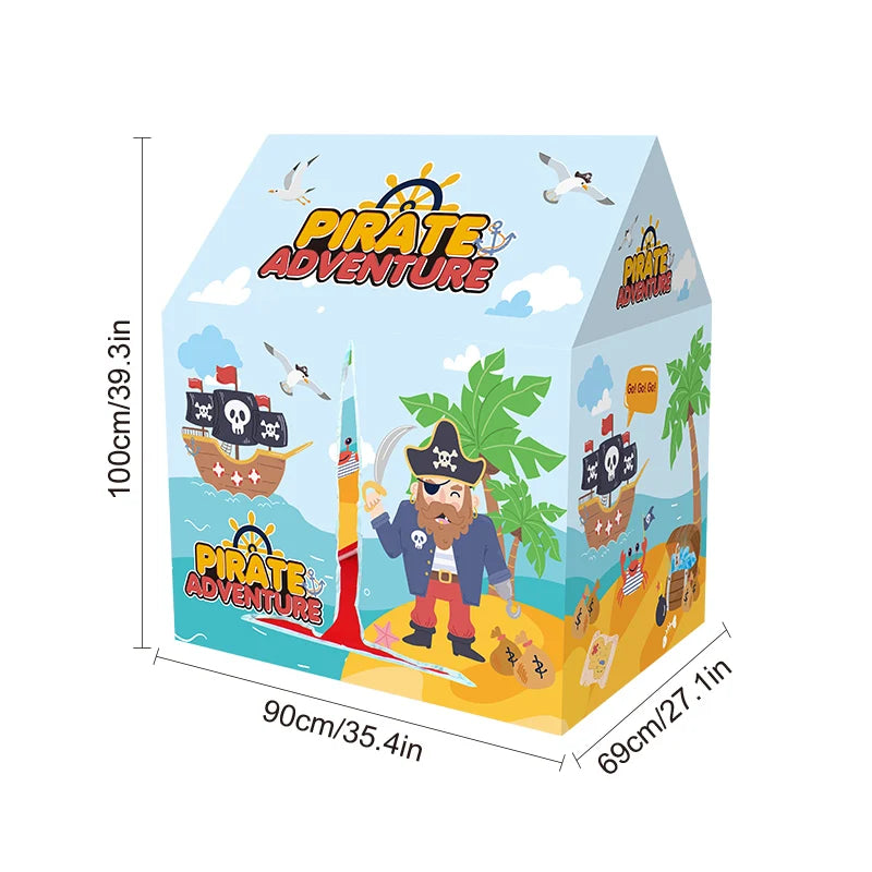 A colorful pirate adventure play tent box with a pirate theme featuring various sea creatures and adventure elements.