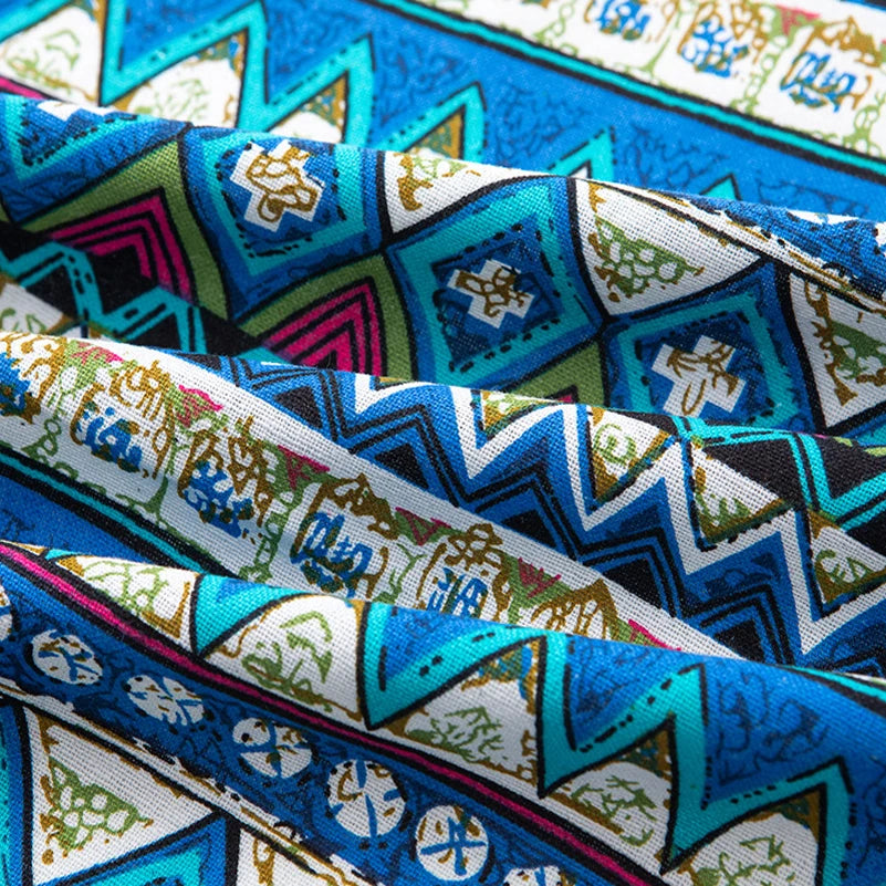 Bohemian Cotton Linen Fabric with Vintage Ethnic Print