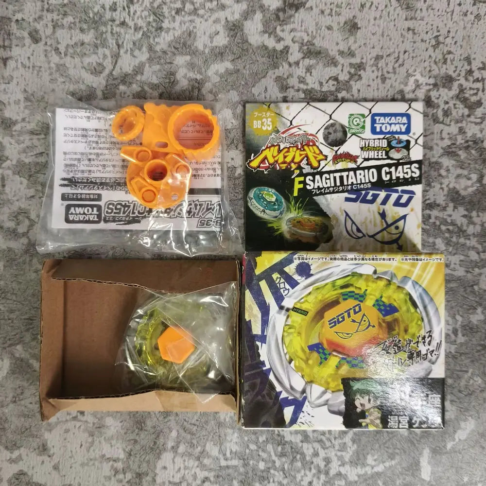 A box set of Metal Fight Beyblade Rock Leone Premium Collector's Edition featuring a yellow blade and accessories.