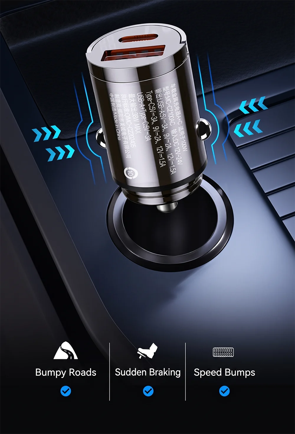 100W Dual Port Car Charger with USB-C & USB-A Fast Charging