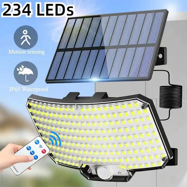 A solar-powered LED motion sensor wall light is shown with a panel and a light fixture, demonstrating its waterproof and moti