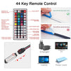 A remote control for an RGB LED strip light, showing buttons and instructions for peeling off the blue layer.