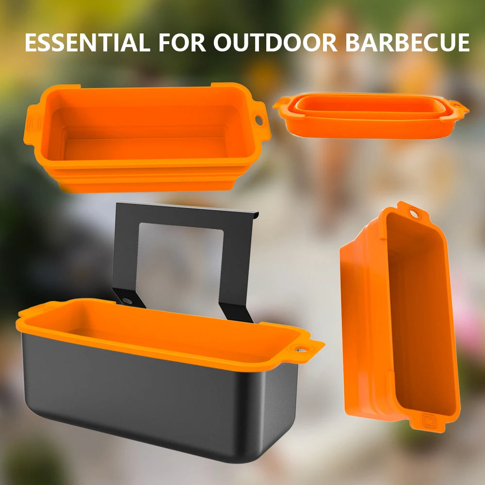 Orange and black reusable silicone grease liners for outdoor barbecue griddle pans