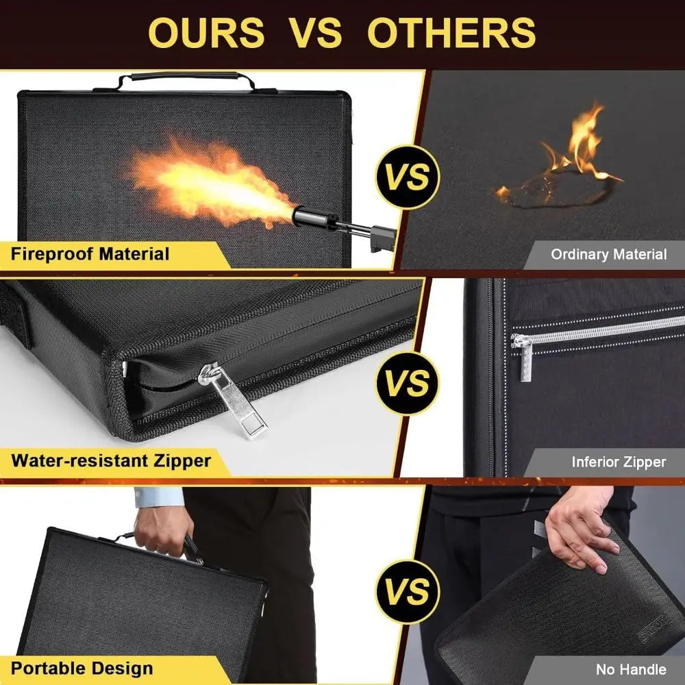 Comparison chart showing features of a fireproof and waterproof expanding file organizer against ordinary materials.