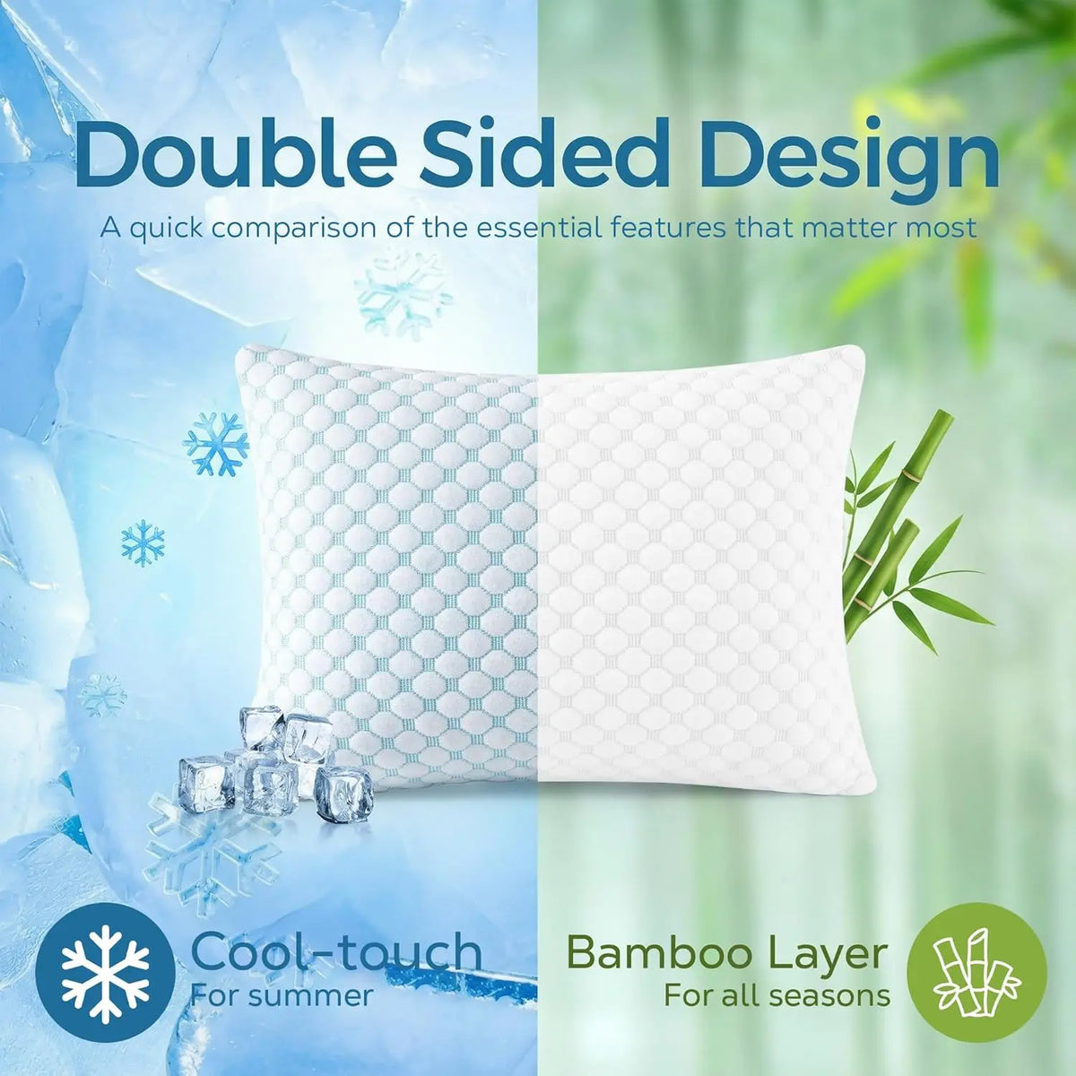 White double-sided memory foam pillow featuring a cool-touch bamboo layer for all seasons