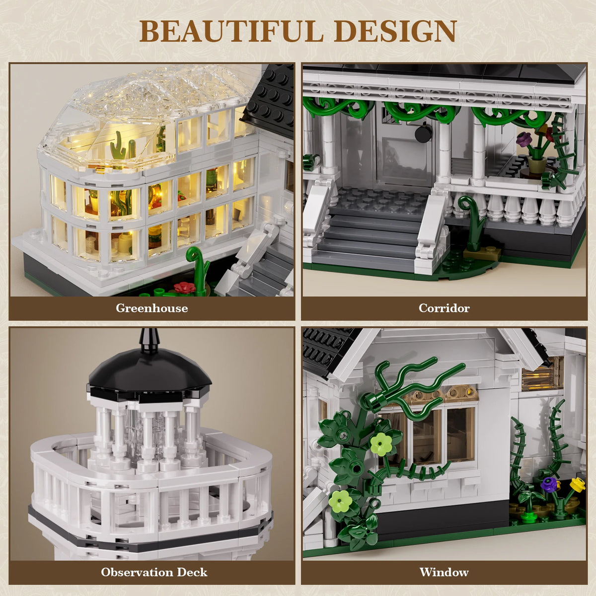 A set of Victorian house building kit featuring a greenhouse, corridor, observation deck, and window.