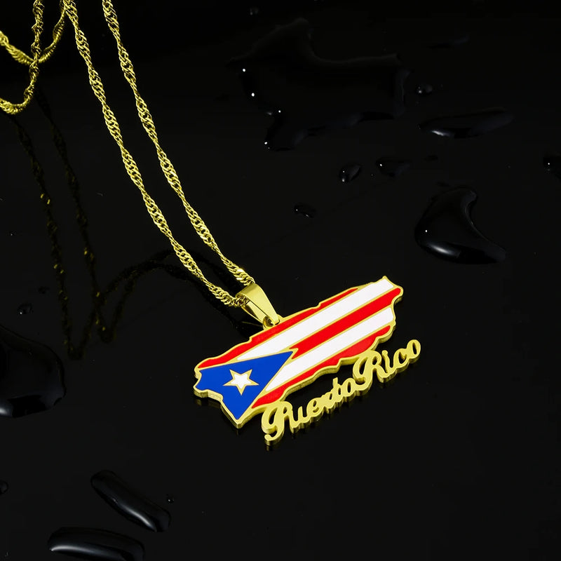 Stainless Steel Puerto Rico Map Pendant Necklace